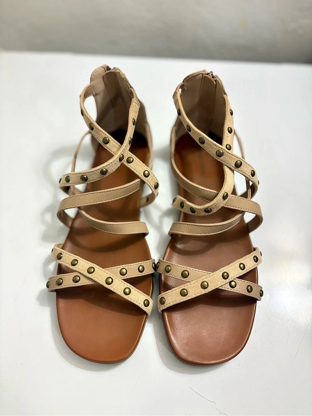 Naturalizer EVA Strappy Embellished Gladiator Sandal Brown & Beige Maurices Bran
